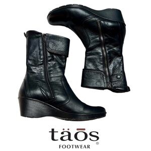 Taos Footwear Black Leather Boots. Wedge Heels. Fleece Lined Sz 10-10.5 / 41 EUC